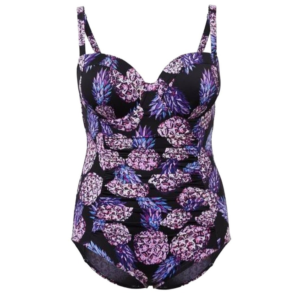 torrid Black One-Piece Swim with Purple Pineapple Print